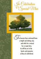 Front of a heartfelt sympathy card featuring a vibrant painting of a sunlit evergreen tree on a hill, framed in gold. Text reads: 'In Celebration of a Special Man' and a poignant message about his memory living on.