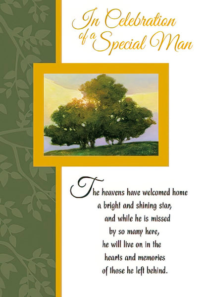 Front of a heartfelt sympathy card for a man, featuring a peaceful tree design and "In Celebration of a Special Man" text.