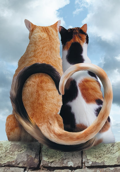 Two cats, one orange and one calico, sit together on a stone wall, their tails curled to form a heart shape against a cloudy sky.