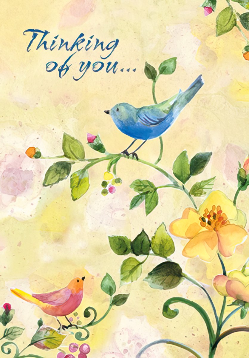 Front of a heartfelt greeting card featuring a blue bird and a pink bird on a vine with yellow and pink watercolor flowers on a soft yellow background, with text 'Thinking of you...'