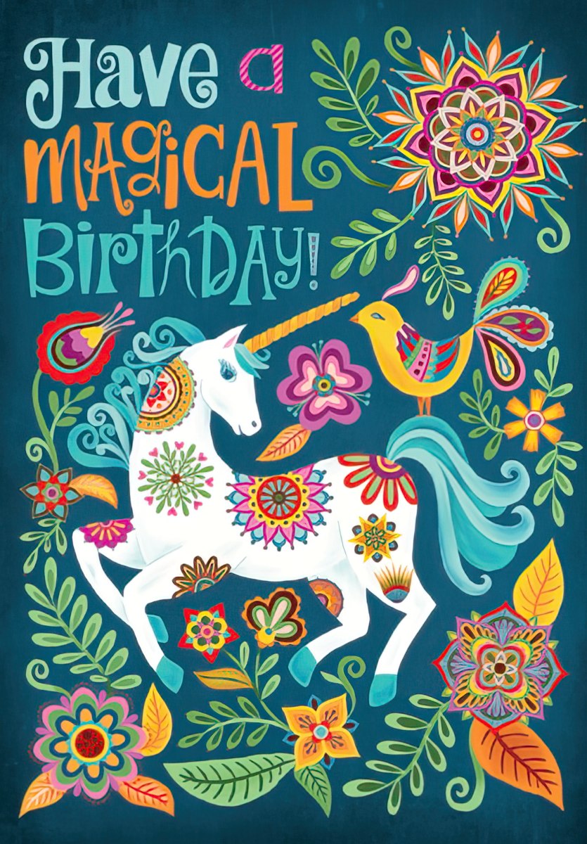 Front of a vibrant, magical greeting card featuring a white unicorn with a golden horn, surrounded by colorful mandala-style flowers and a small bird on a dark teal background. Text reads 'Have a MAGICAL Birthday!'. Perfect for kids' celebrations.