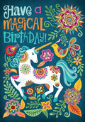 Front of a vibrant, magical greeting card featuring a white unicorn with a golden horn, surrounded by colorful mandala-style flowers and a small bird on a dark teal background. Text reads 'Have a MAGICAL Birthday!'. Perfect for kids' celebrations.