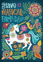 Front of a vibrant, magical greeting card featuring a white unicorn with a golden horn, surrounded by colorful mandala-style flowers and a small bird on a dark teal background. Text reads 'Have a MAGICAL Birthday!'. Perfect for kids' celebrations.