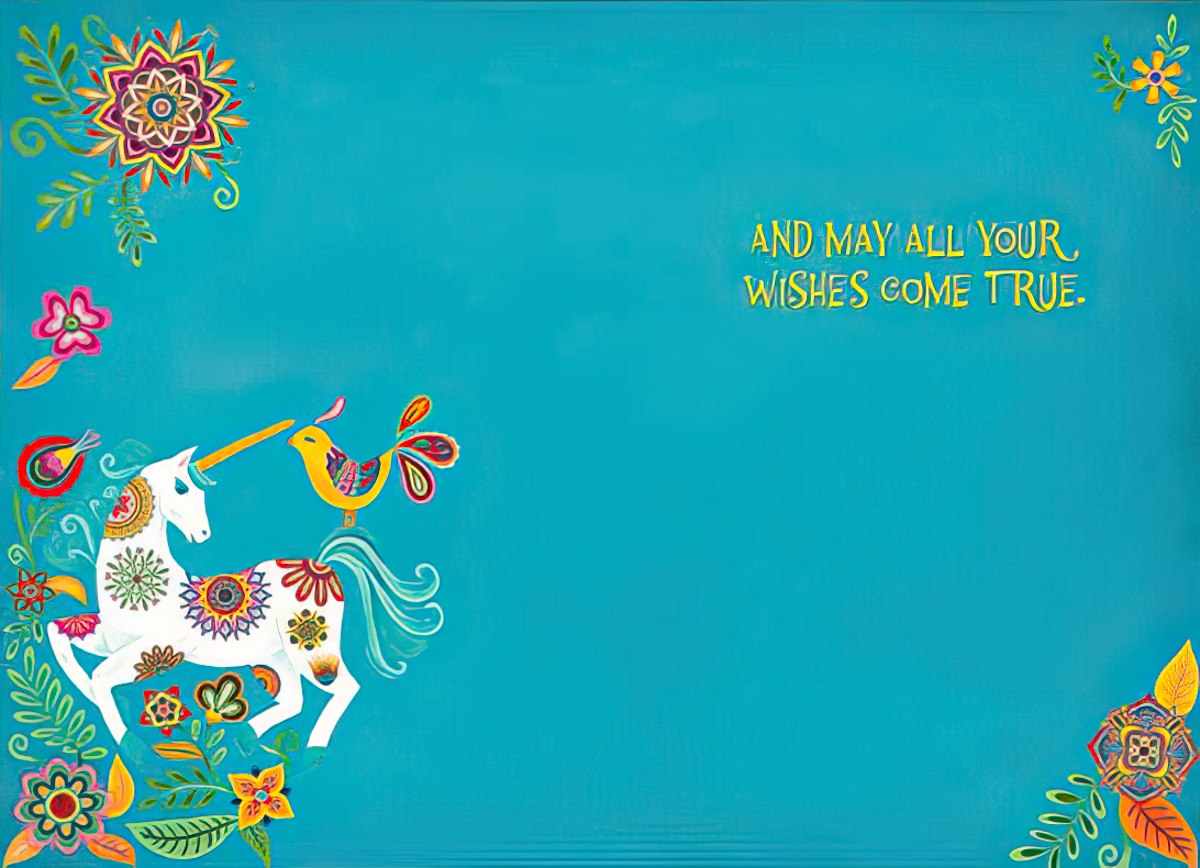 Inside of an open, enchanting greeting card, revealing a bright teal background with a whimsical unicorn, floral patterns, and a bird on the left panel. Message reads 'AND MAY ALL YOUR WISHES COME TRUE.'.