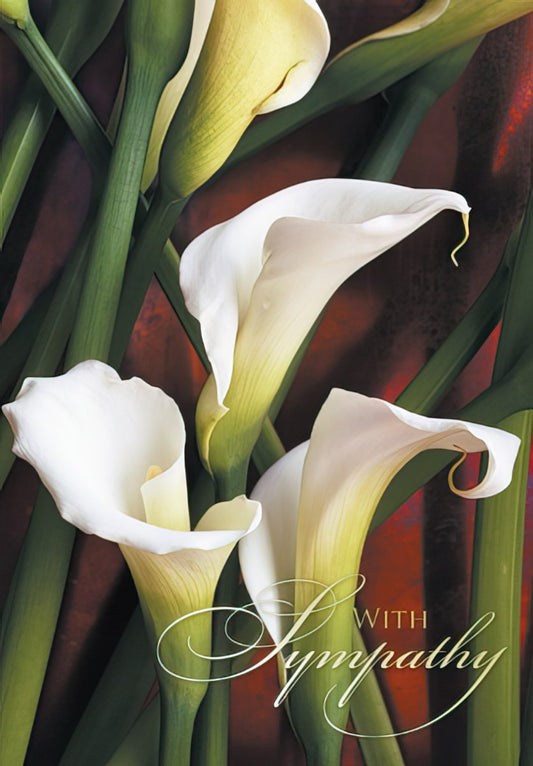 Elegant sympathy card with white calla lilies and 'With Sympathy' script, offering comfort during loss.