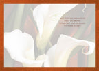 Inside of a thoughtful greeting card with a blurred calla lily background, featuring the comforting message: 'MAY LOVING MEMORIES HELP TO BRING COMFORT AND HEALING TO YOUR HEART.'