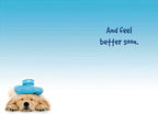 Inside view of an encouraging greeting card featuring a small golden retriever puppy with an ice pack and the phrase 'And feel better soon.' on a soft blue background, perfect for a friend's speedy recovery.