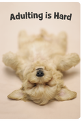 Cute golden puppy lying on its back with 'Adulting is Hard' text, an adorable funny encouragement greeting card.