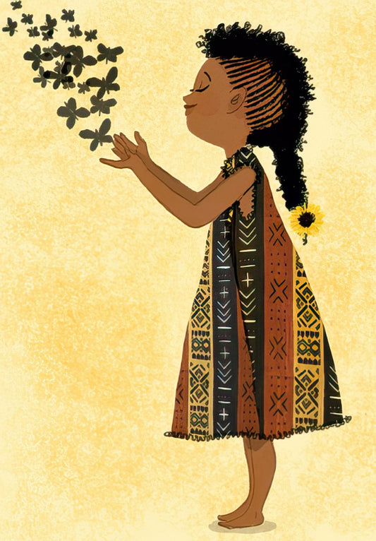 Joyful girl with braids and sunflower, wearing a patterned dress, releasing black butterflies, on a textured yellow background.