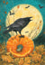 Crow perched on pumpkin in front of full moon