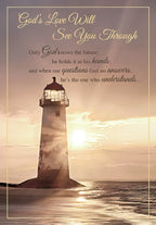Religious greeting card featuring a majestic lighthouse on a rocky shore at sunrise or sunset with golden light, and the spiritual message 'God's Love Will See You Through' for hope and comfort.