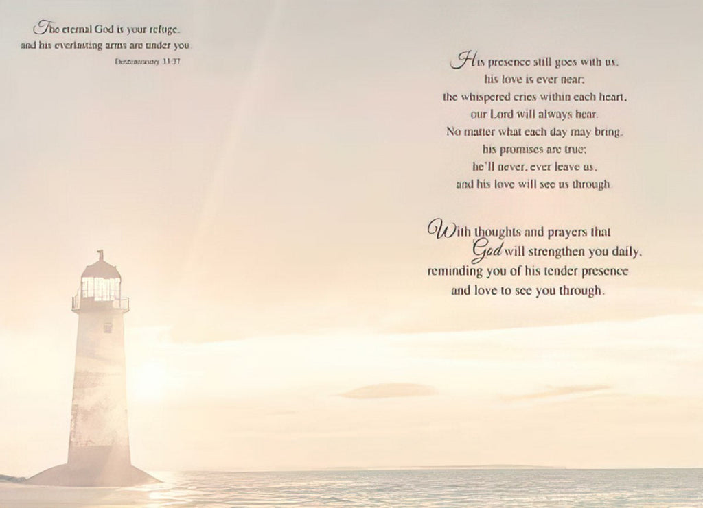 Inside a religious greeting card showing a faint lighthouse scene and heartfelt spiritual messages about God's presence, love, and strengthening prayers for support during difficult times.