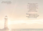 Inside a religious greeting card showing a faint lighthouse scene and heartfelt spiritual messages about God's presence, love, and strengthening prayers for support during difficult times.