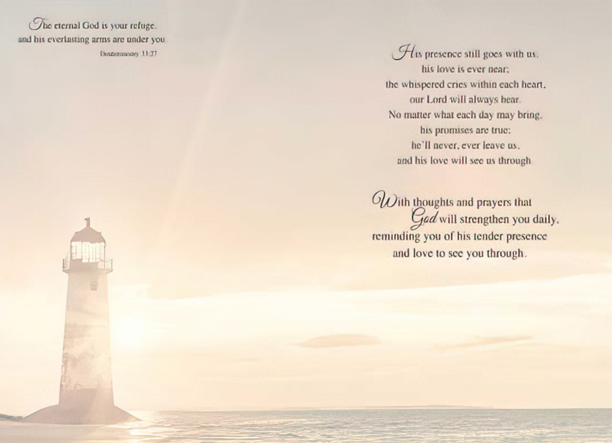 Inside a religious greeting card showing a faint lighthouse scene and heartfelt spiritual messages about God's presence, love, and strengthening prayers for support during difficult times.