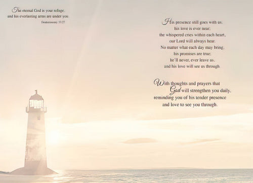 Inside a religious greeting card showing a faint lighthouse scene and heartfelt spiritual messages about God's presence, love, and strengthening prayers for support during difficult times.