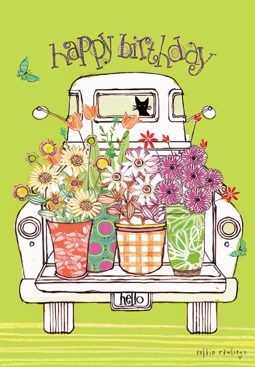 Birthday card featuring a black cat peeking from a vintage white truck bed filled with colorful flower pots against a bright green background.