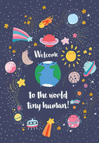 Whimsical space-themed greeting card with cartoon planets, stars, comets, and the text 'Welcome to the world tiny human!' on a dark blue background, perfect for a baby's arrival.