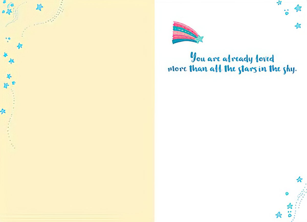 Inside view of a gender-neutral greeting card with a light yellow and white interior, adorned with delicate blue stars and a rainbow comet, featuring the heartfelt message 'You are already loved more than all the stars in the sky.'