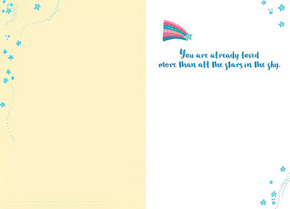 Inside of a new baby card. Left side is blank pale yellow, right side has 'You are already loved more than all the stars in the sky'.