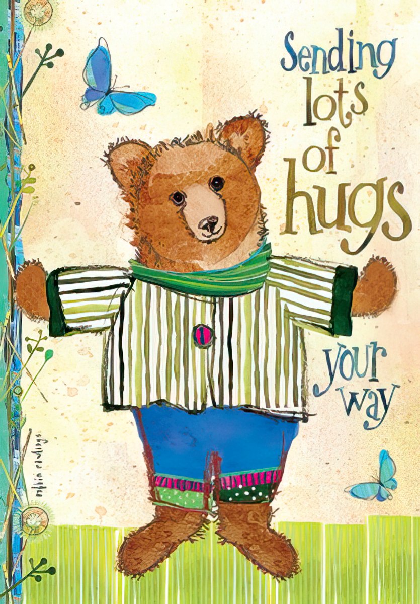 Cute bear get well card front, featuring an adorable brown bear in a striped shirt, ready for a hug, with blue butterflies and encouraging 'Sending lots of hugs your way' message. Perfect for a child.