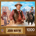 1000-piece John Wayne jigsaw puzzle featuring the legendary actor as a cowboy in three iconic Western scenes: walking with a dog in a desert with mesas, smiling close-up, and riding a horse against a mountain backdrop. Packaging mentions 'The Legendary John Wayne Collection' and 'Bonus Poster Included'.