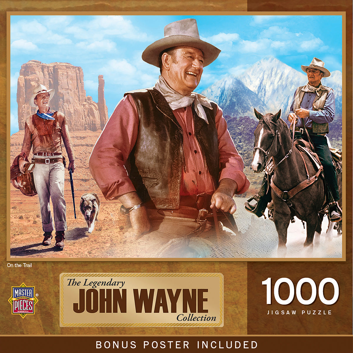 1000-piece John Wayne jigsaw puzzle featuring the legendary actor as a cowboy in three iconic Western scenes: walking with a dog in a desert with mesas, smiling close-up, and riding a horse against a mountain backdrop. Packaging mentions 'The Legendary John Wayne Collection' and 'Bonus Poster Included'.