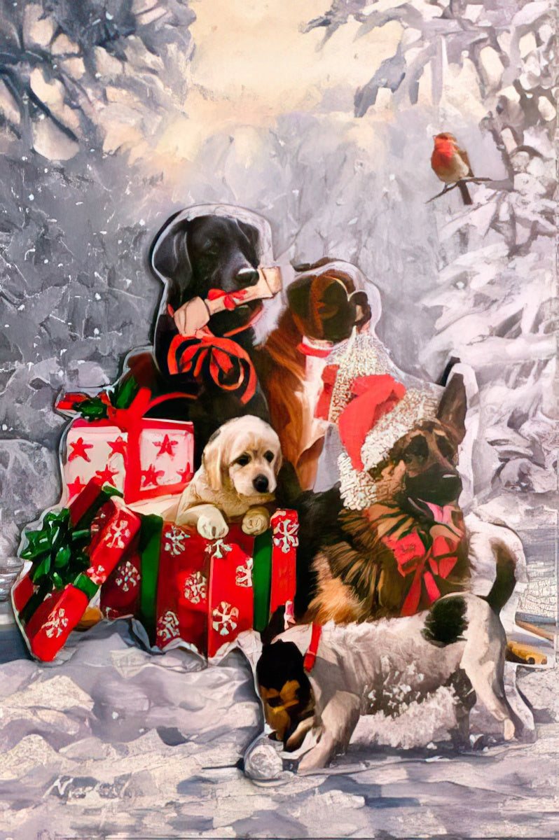 Adorable festive greeting card featuring a golden retriever puppy nestled in a red gift box, surrounded by other beloved dogs like a black Labrador, German Shepherd, and terrier mix, amidst a serene snowy landscape with wrapped presents and a robin on a branch.