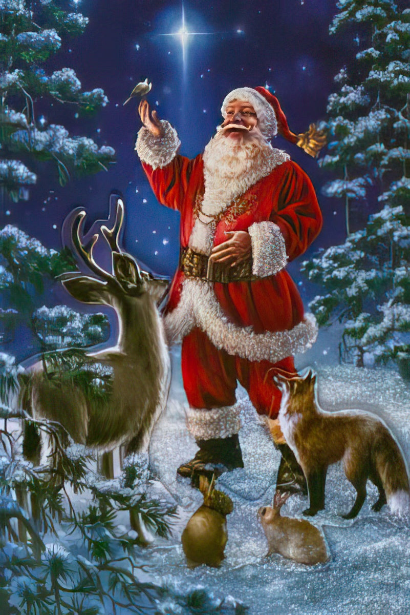 Magical holiday greeting card featuring Santa Claus feeding a small bird, surrounded by a deer, fox, and rabbit in a serene snowy forest under a bright star.