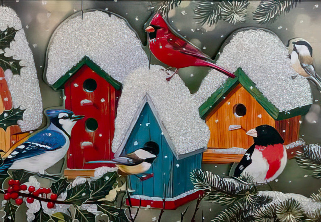 Front of a festive holiday greeting card set featuring vibrant winter birds like a red cardinal and blue jay on snow-covered birdhouses and holly branches, shimmering with glitter accents.