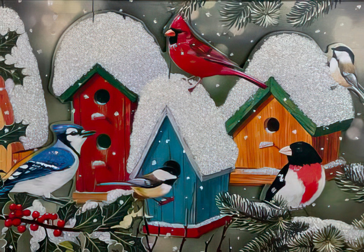 Front of a festive holiday greeting card set featuring vibrant winter birds like a red cardinal and blue jay on snow-covered birdhouses and holly branches, shimmering with glitter accents.