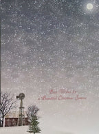 The inside of a winter-themed greeting card, displaying a message that reads "Best Wishes for a Beautiful Season" against a backdrop of a snowy landscape with a windmill and bare trees under a night sky.
