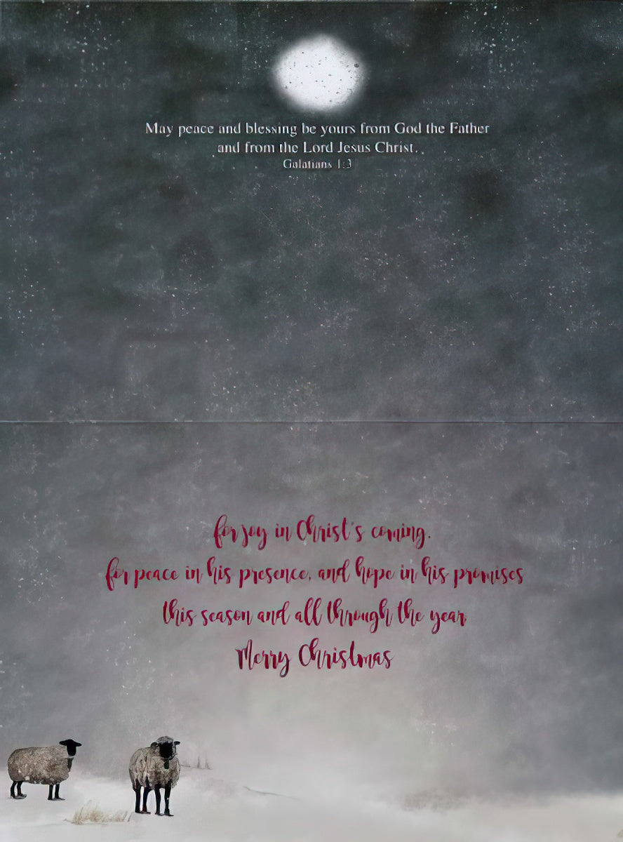 Inside of a spiritual holiday card with text 'May peace and blessing be yours from God the Father and from the Lord Jesus Christ. Galatians 1:3' and 'for joy in Christ's coming, for peace in his presence, and hope in his promises this season and all through the year Merry Christmas', against a snowy background with two sheep.