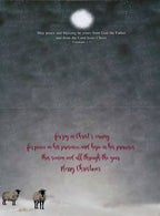 Inside of a spiritual holiday card with text 'May peace and blessing be yours from God the Father and from the Lord Jesus Christ. Galatians 1:3' and 'for joy in Christ's coming, for peace in his presence, and hope in his promises this season and all through the year Merry Christmas', against a snowy background with two sheep.