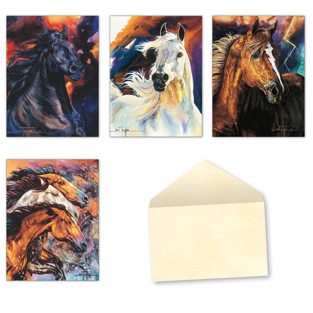 Assortment of four vibrant watercolor horse greeting cards featuring black, white, and brown horses in dynamic poses, accompanied by a blank textured envelope.