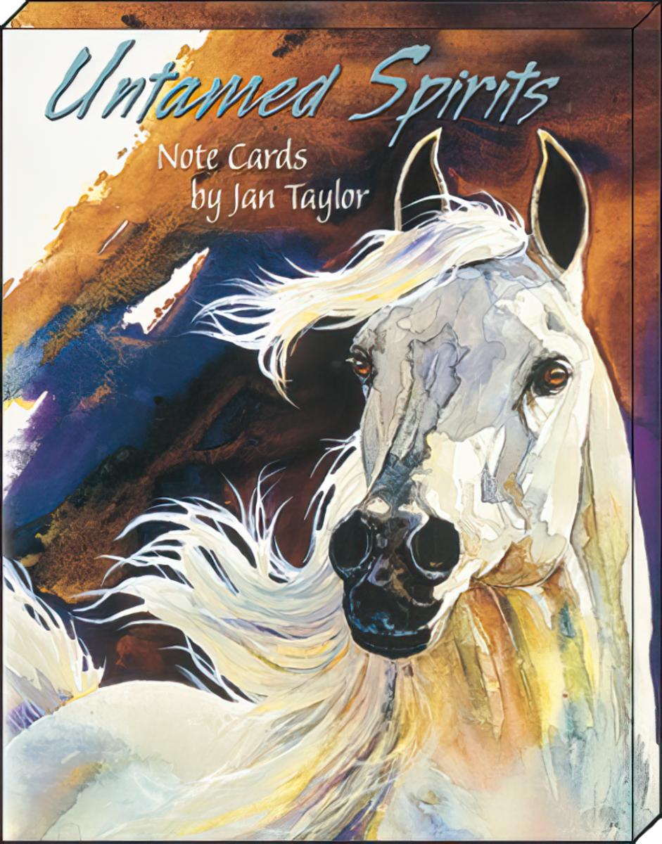Front of 'Untamed Spirits Note Cards by Jan Taylor' box featuring a stunning watercolor illustration of a white horse with flowing mane against an abstract brown and blue background.