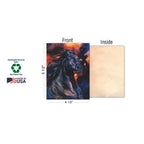Example of a single greeting card from the horse assortment, displaying a dark horse watercolor on the front and a blank inside, with dimensions (4.5x5.5 inches) and sustainability icons (Sustainably-Sourced Paper, Soy-Based Inks, Made in USA).