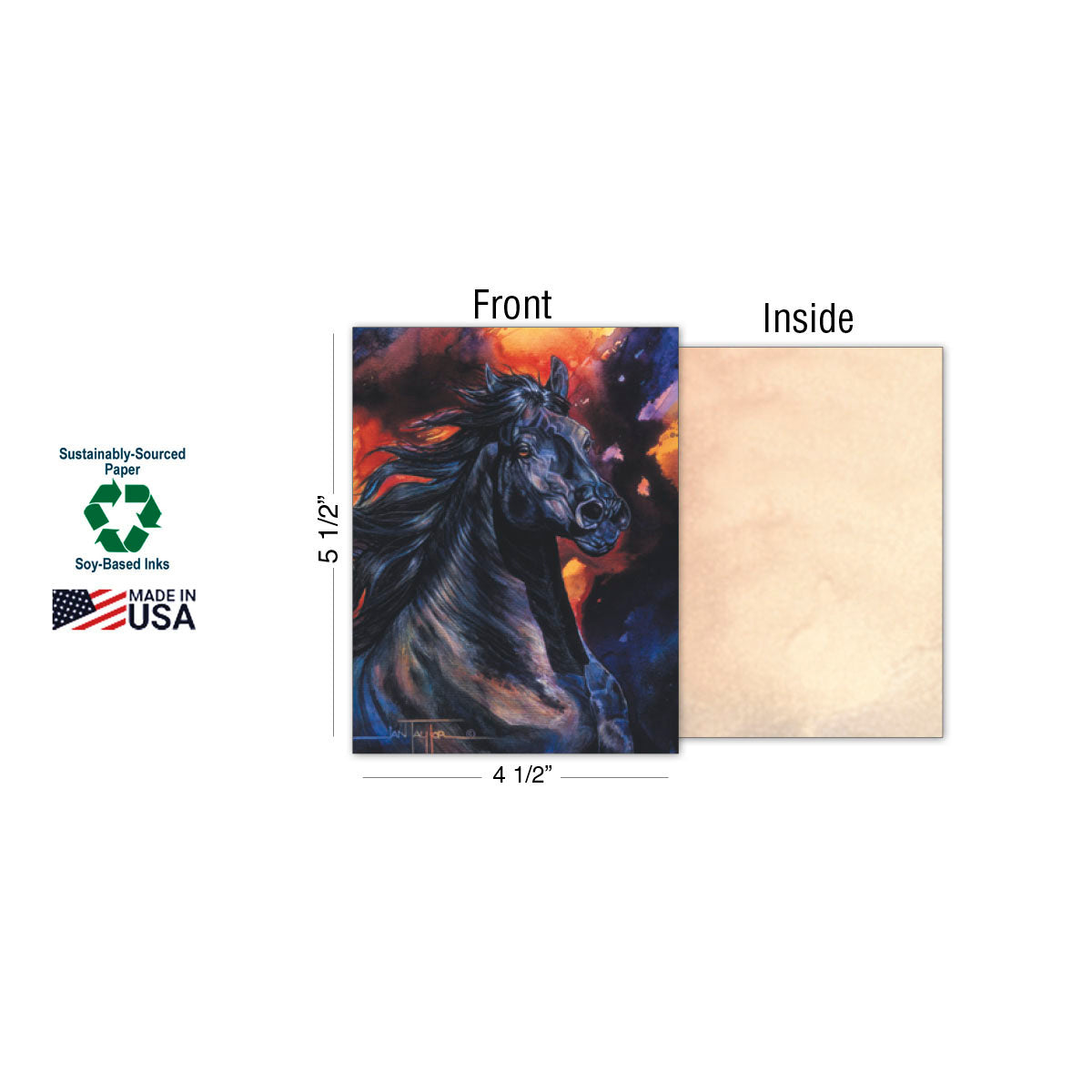 Example of a single greeting card from the horse assortment, displaying a dark horse watercolor on the front and a blank inside, with dimensions (4.5x5.5 inches) and sustainability icons (Sustainably-Sourced Paper, Soy-Based Inks, Made in USA).