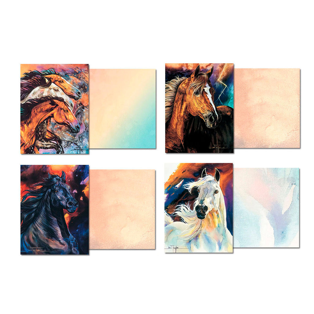 Set of four open watercolor horse greeting cards, each showing a unique front design (multiple horses, brown horse, black horse, white horse) and corresponding blank, subtly textured inside panels, revealing the full artwork variety.