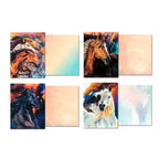 Set of four open watercolor horse greeting cards, each showing a unique front design (multiple horses, brown horse, black horse, white horse) and corresponding blank, subtly textured inside panels, revealing the full artwork variety.