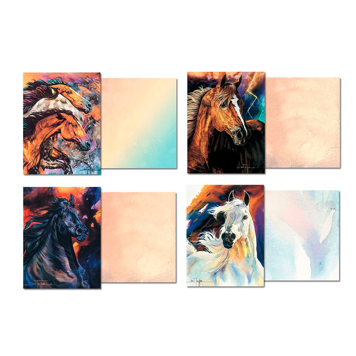 Set of four open watercolor horse greeting cards, each showing a unique front design (multiple horses, brown horse, black horse, white horse) and corresponding blank, subtly textured inside panels, revealing the full artwork variety.