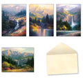 A set of four nature-themed greeting cards and an envelope. The cards feature vibrant landscape paintings of mountains, waterfalls, and lakes with lush forests. One card depicts a cascading waterfall over a rocky cliff amidst colorful foliage. Another shows a calm lake reflecting mountains and trees under a warm sky.