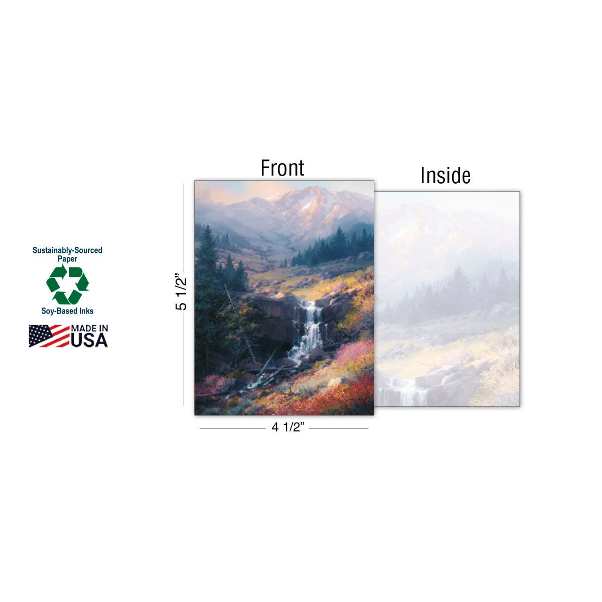 A greeting card featuring a scenic waterfall and mountain landscape, shown with its front and inside. Dimensions of 4 1/2" by 5 1/2" are indicated. Text highlights 'Sustainably-Sourced Paper' with a recycling logo and 'Made In USA' with a flag icon, emphasizing eco-friendly production.