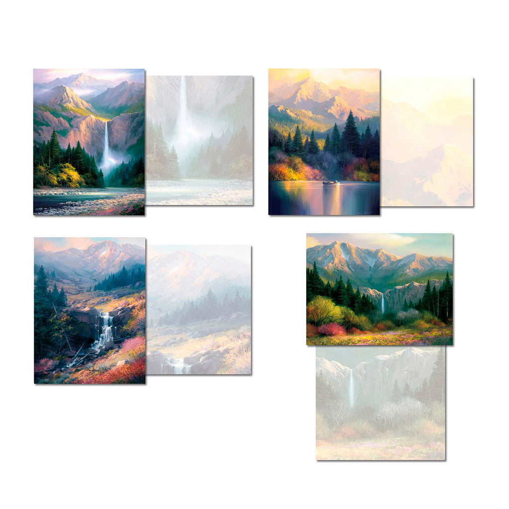 A visual representation of four different nature-themed greeting cards, each showing its front design and the corresponding blank interior. The cards feature landscapes with mountains, waterfalls, and serene lakes, emphasizing the variety of designs within the assortment.