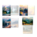 A visual representation of four different nature-themed greeting cards, each showing its front design and the corresponding blank interior. The cards feature landscapes with mountains, waterfalls, and serene lakes, emphasizing the variety of designs within the assortment.
