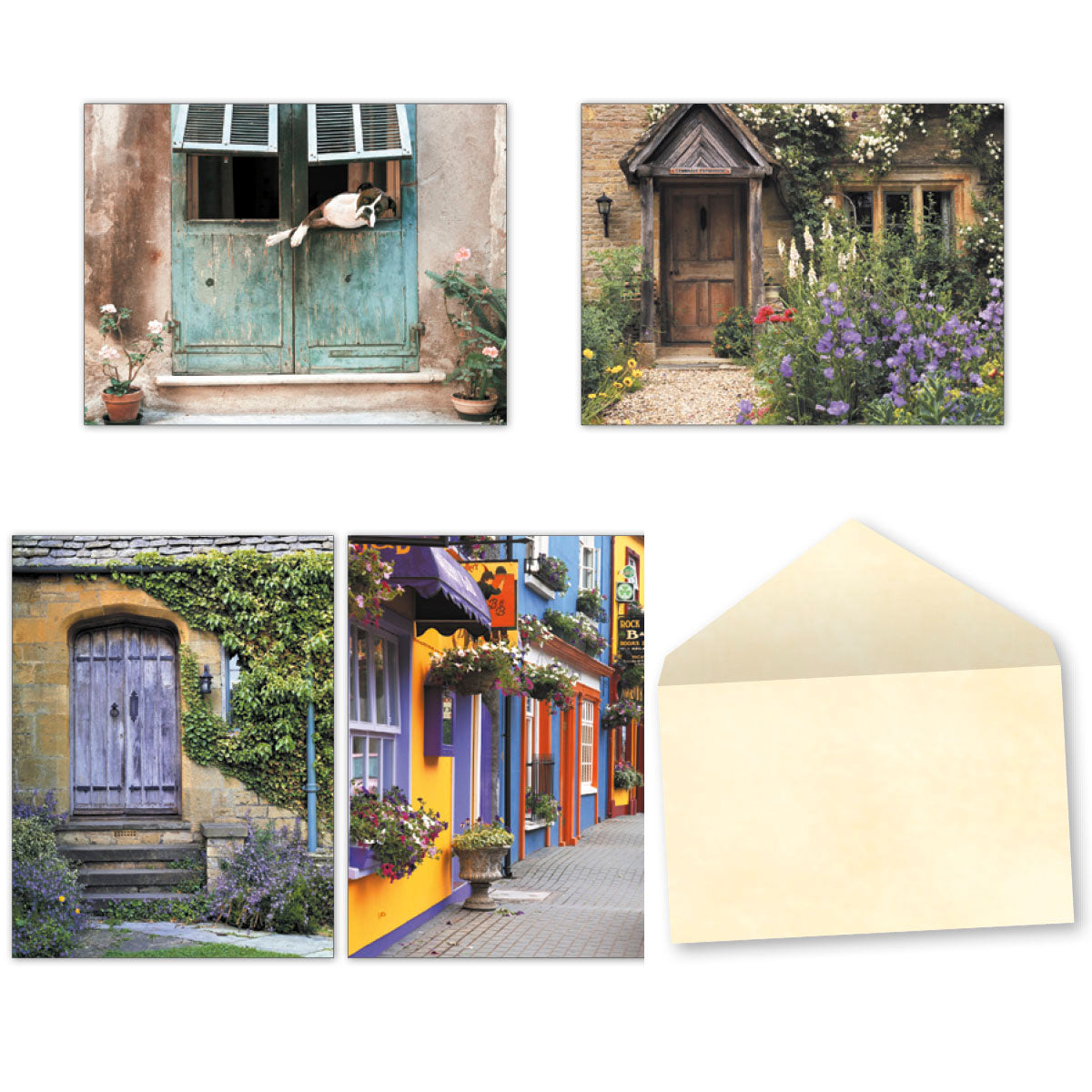 Assortment of four unique blank greeting cards featuring picturesque scenes: a cute dog peeking from an open shuttered window, a charming wooden doorway surrounded by purple flowers, a rustic stone cottage with a blue door and ivy, and a vibrant street scene with colorful buildings.