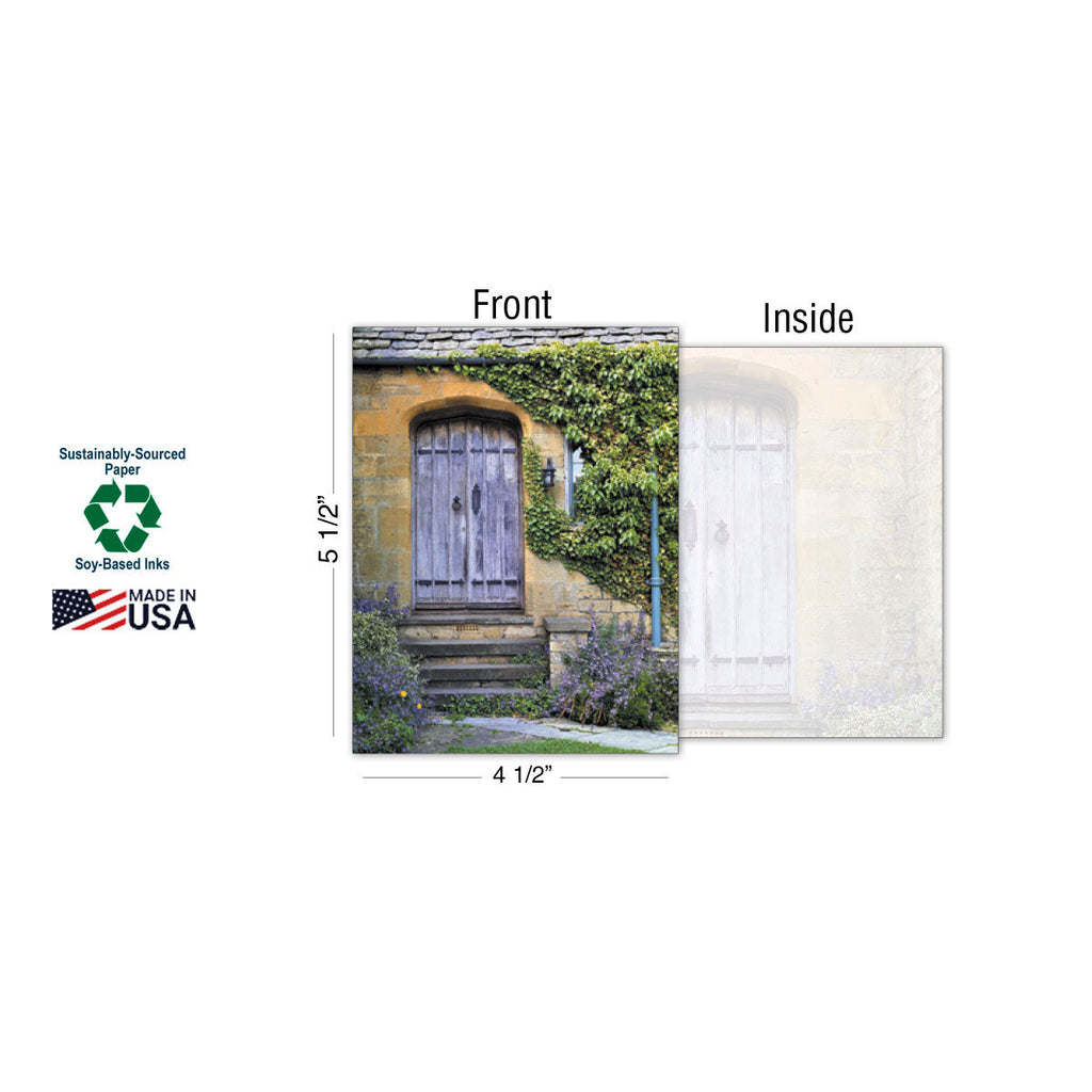 Dimensions of a single greeting card (4 1/2 x 5 1/2 inches) showing a rustic stone cottage door with ivy, highlighting sustainably-sourced paper, soy-based inks, and Made in USA quality.