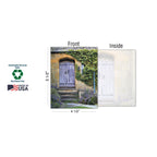 Dimensions of a single greeting card (4 1/2 x 5 1/2 inches) showing a rustic stone cottage door with ivy, highlighting sustainably-sourced paper, soy-based inks, and Made in USA quality.