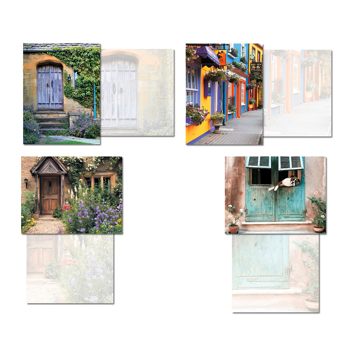 Four different blank greeting cards from the 'Doorways to the World' assortment, each displaying the front design (rustic doorway, colorful street, dog in window) and a ghosted view of the blank inside, paired with an included envelope.