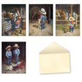 Assortment of four 'Cowkids' greeting cards by Don Crook, featuring whimsical farm scenes with young cowboys, horses, and various farm animals, accompanied by a blank cream-colored envelope.