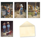 Assortment of four 'Cowkids' greeting cards by Don Crook, featuring whimsical farm scenes with young cowboys, horses, and various farm animals, accompanied by a blank cream-colored envelope.